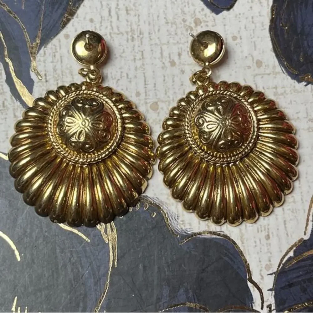 Vintage 1980s Oversized Large Regal Gold Statement Earrings D2